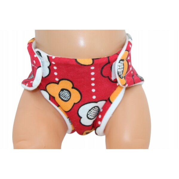 Pannolino ecologico per bambola 41-44 cm rosso con fiori, lavabile e riutilizzabile