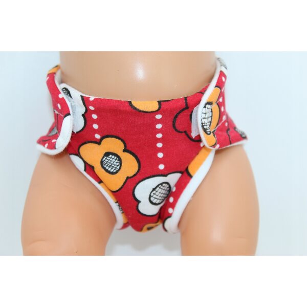 Pannolino ecologico per bambola 41-44 cm rosso con fiori, lavabile e riutilizzabile