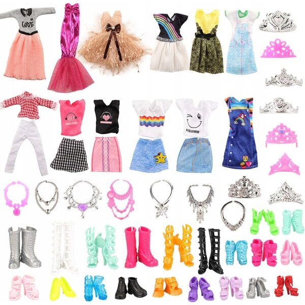 Set di 27 pezzi abiti e accessori per bambole: vestiti, scarpe, gioielli