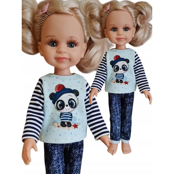 Langarmbluse für Paola Reina Puppe, 32 cm, blau mit Panda