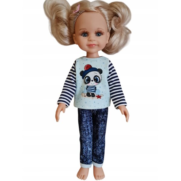 Langarmbluse für Paola Reina Puppe, 32 cm, blau mit Panda