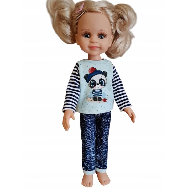 Langarmbluse für Paola Reina Puppe, 32 cm, blau mit Panda