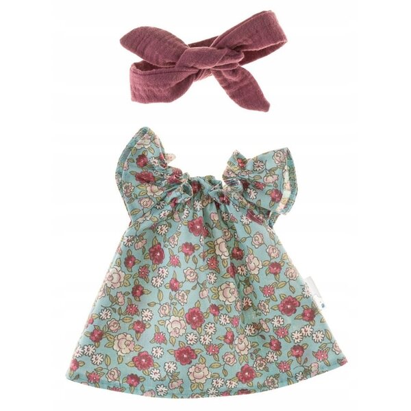 Olimi 32 cm Puppenkleid mit Stirnband, Heideblumen, Baumwolle
