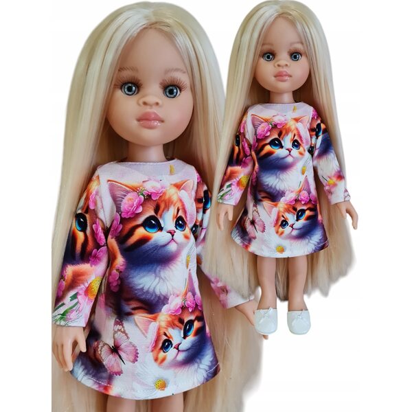 Langärmliges Kleid mit Katzenmuster. Kleidung für die Paola Reina Puppe