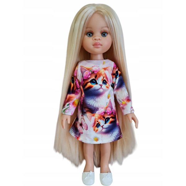 Langärmliges Kleid mit Katzenmuster. Kleidung für die Paola Reina Puppe