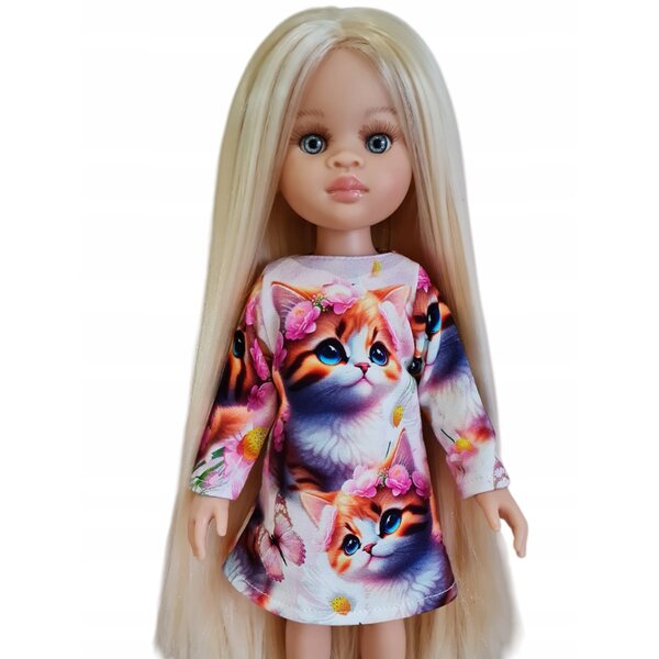 Langärmliges Kleid mit Katzenmuster. Kleidung für die Paola Reina Puppe