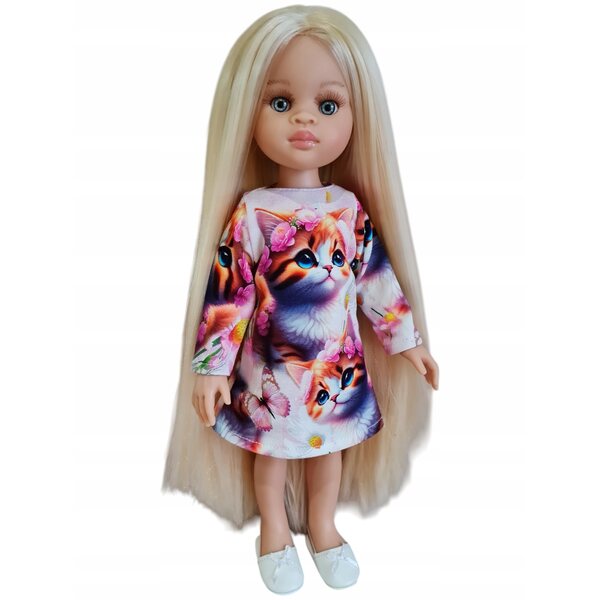 Langärmliges Kleid mit Katzenmuster. Kleidung für die Paola Reina Puppe