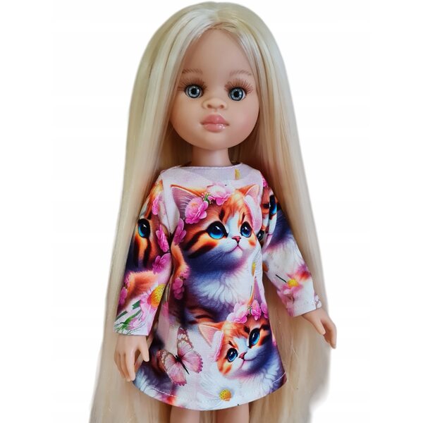 Langärmliges Kleid mit Katzenmuster. Kleidung für die Paola Reina Puppe