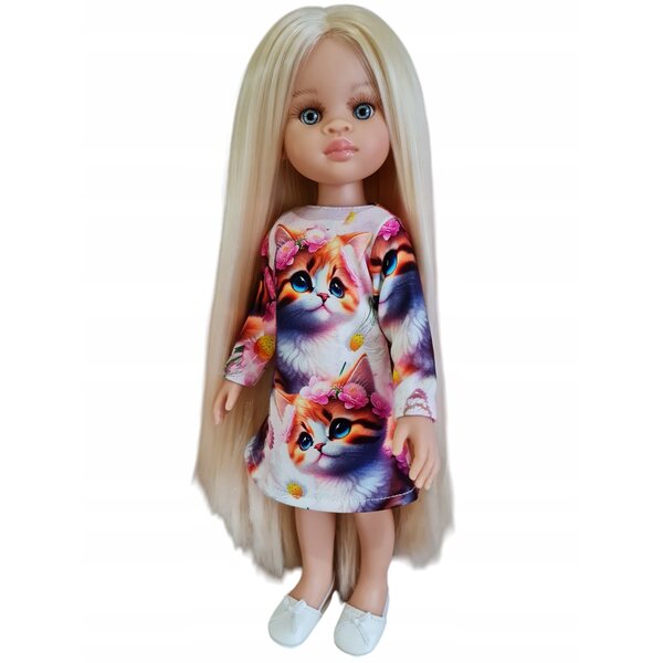 Langärmliges Kleid mit Katzenmuster. Kleidung für die Paola Reina Puppe