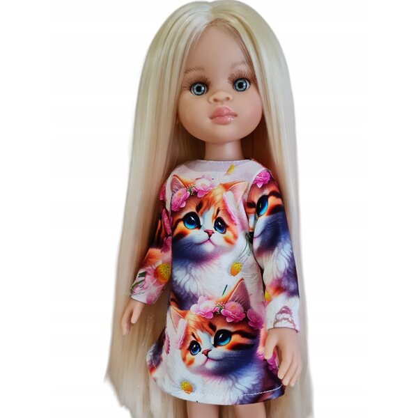 Langärmliges Kleid mit Katzenmuster. Kleidung für die Paola Reina Puppe