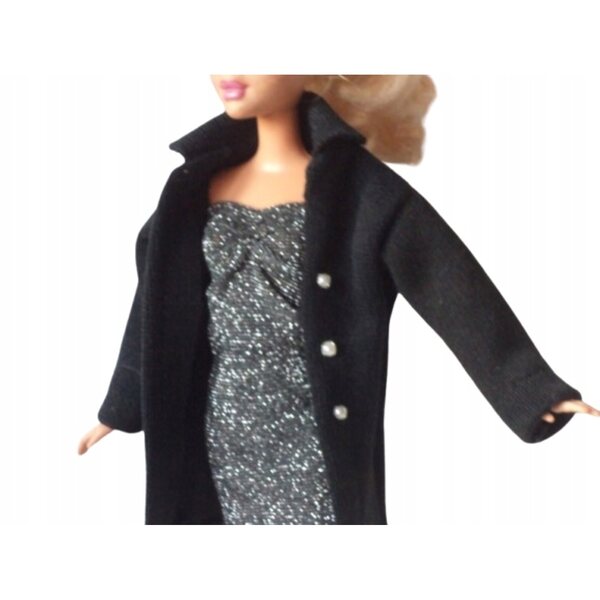 Barbie-Puppenkleidungsset mit schwarzem Mantel und silbernem Kleid