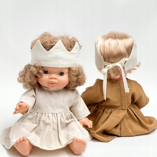 Beiges Leinenkleid für Miniland 38 cm und Minikane 34 cm Puppen