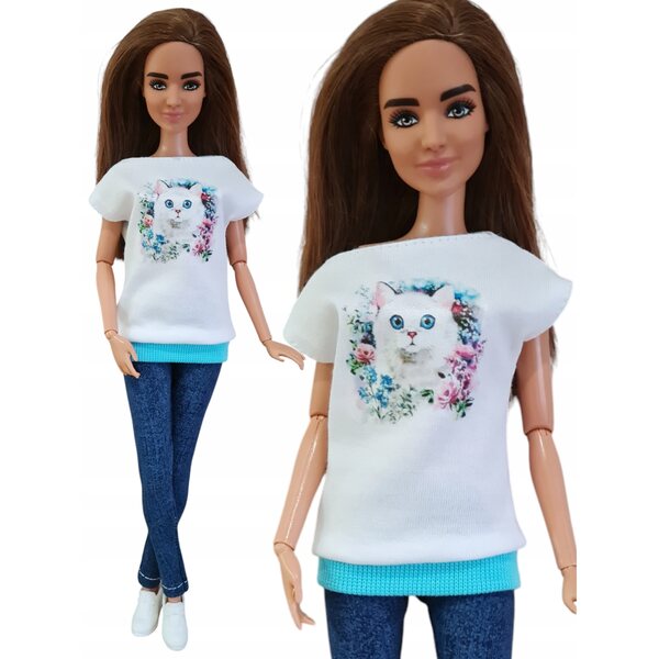 Bluzza für Puppe mit bemalter Katze und Blumen – italienische Kleidung für Puppen