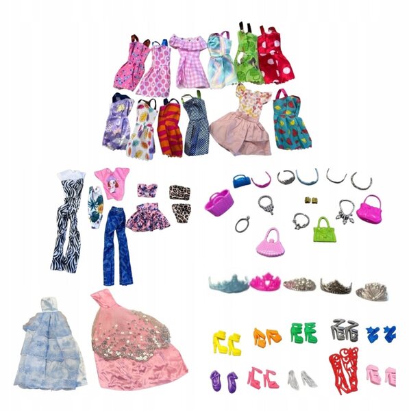 Set 56 capi di abbigliamento per bambole con vestiti, scarpe e accessori colorati