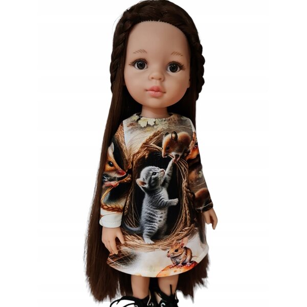 Kleid für Paola Reina 32 cm Puppe mit Katzen- und Mausmotiv, mehrfarbig