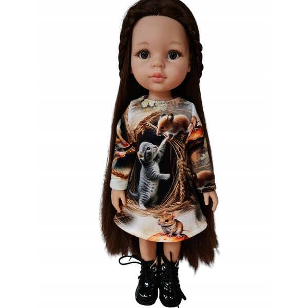 Kleid für Paola Reina 32 cm Puppe mit Katzen- und Mausmotiv, mehrfarbig