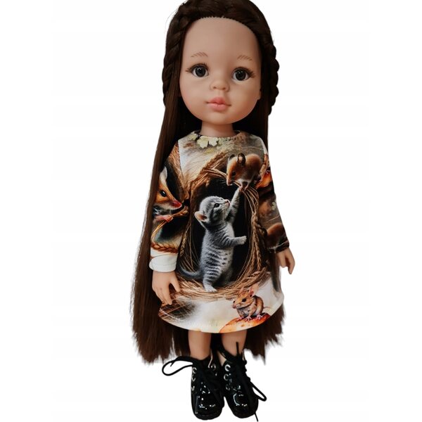 Kleid für Paola Reina 32 cm Puppe mit Katzen- und Mausmotiv, mehrfarbig