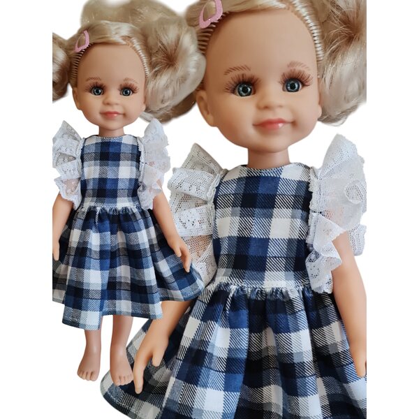 Paola Reina Kariertes Kleid 32 cm mit Spitze - Kinderbekleidung