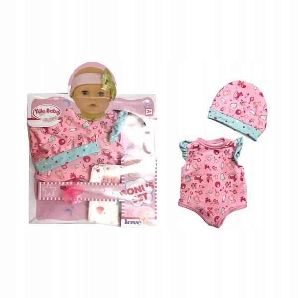 Kleidung für eine Puppe, Set bestehend aus Body, Mütze, Windel und Schnuller