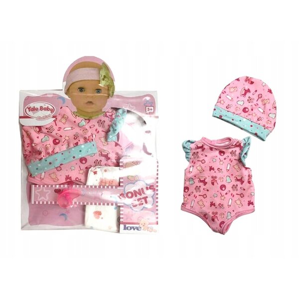 Kleidung für eine Puppe, Set bestehend aus Body, Mütze, Windel und Schnuller