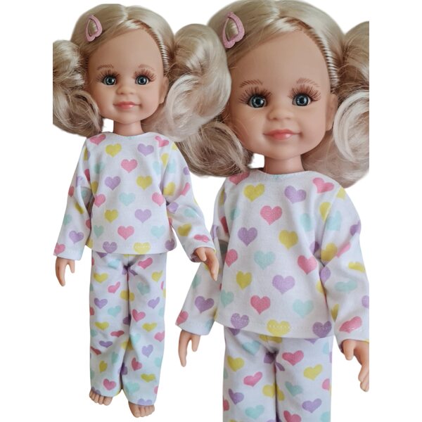 Bunter Herz-Pyjama für Paola Reina 32 cm Puppen, komplett aus Stoff