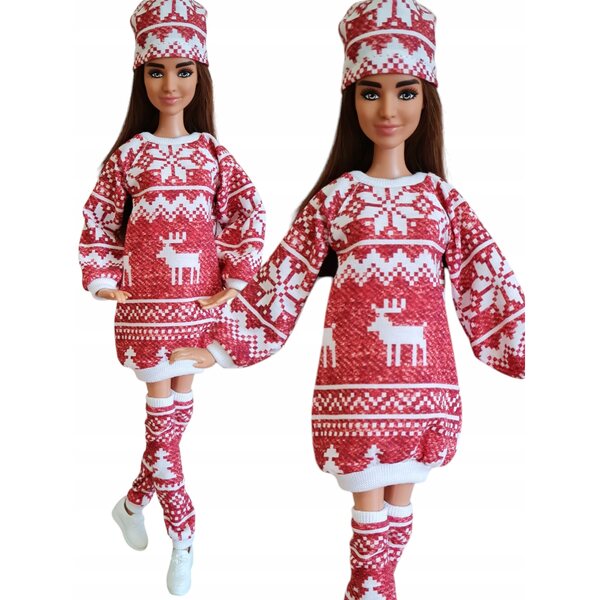 Completo abbigliamento per bambole 3 pezzi in tessuto invernale con vestito, leggings e cappellino