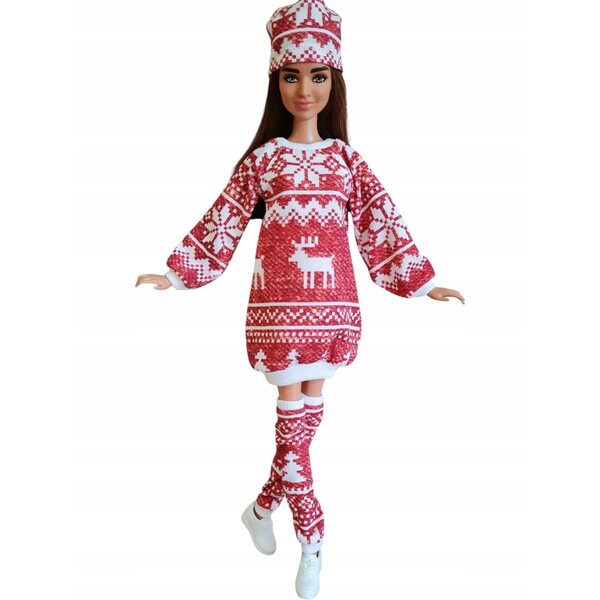 Completo abbigliamento per bambole 3 pezzi in tessuto invernale con vestito, leggings e cappellino