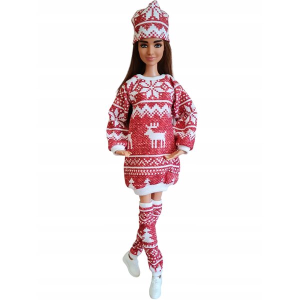 Completo abbigliamento per bambole 3 pezzi in tessuto invernale con vestito, leggings e cappellino