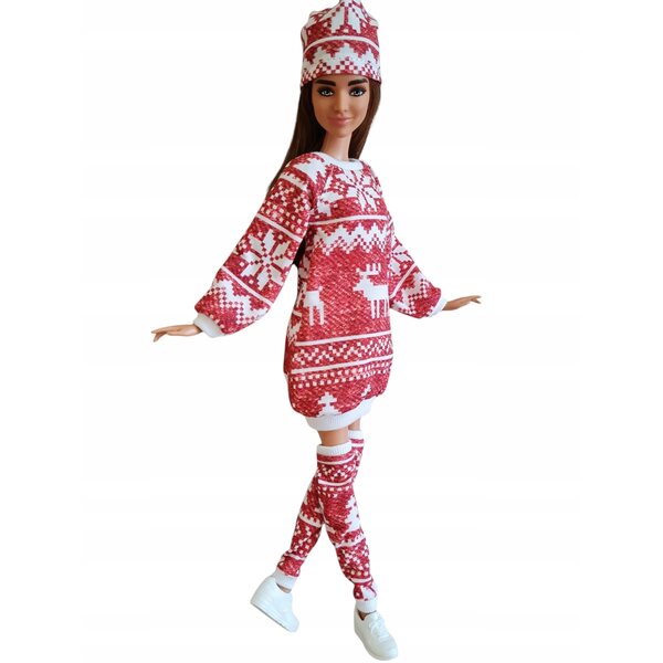 Completo abbigliamento per bambole 3 pezzi in tessuto invernale con vestito, leggings e cappellino