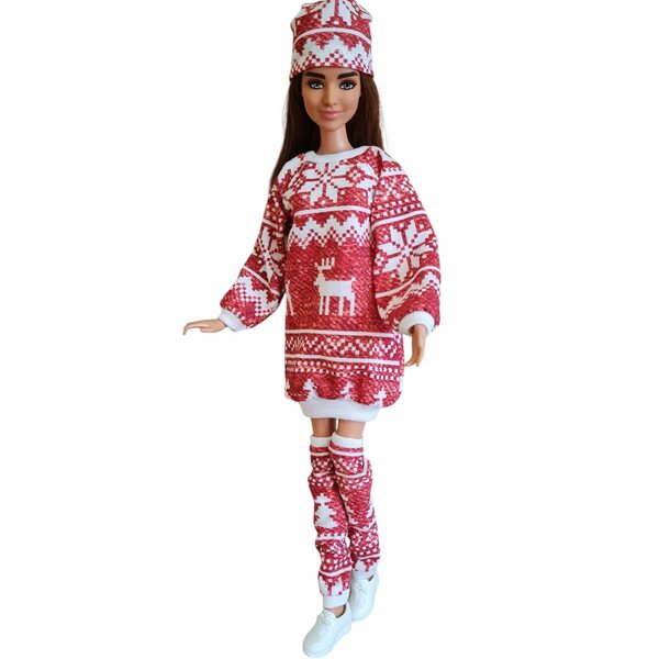 Completo abbigliamento per bambole 3 pezzi in tessuto invernale con vestito, leggings e cappellino