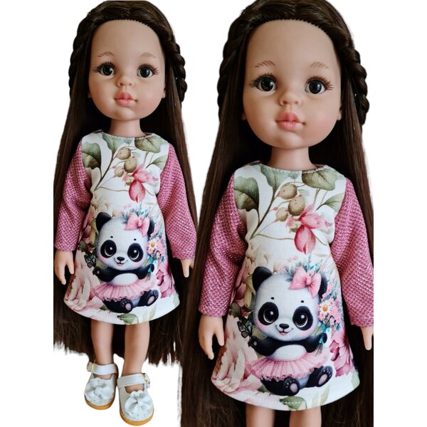 Kleid für Paola Reina 32 cm Puppe mit Panda-Aufdruck und glitzernden Ärmeln