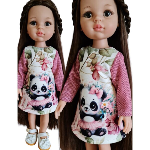Kleid für Paola Reina 32 cm Puppe mit Panda-Aufdruck und glitzernden Ärmeln