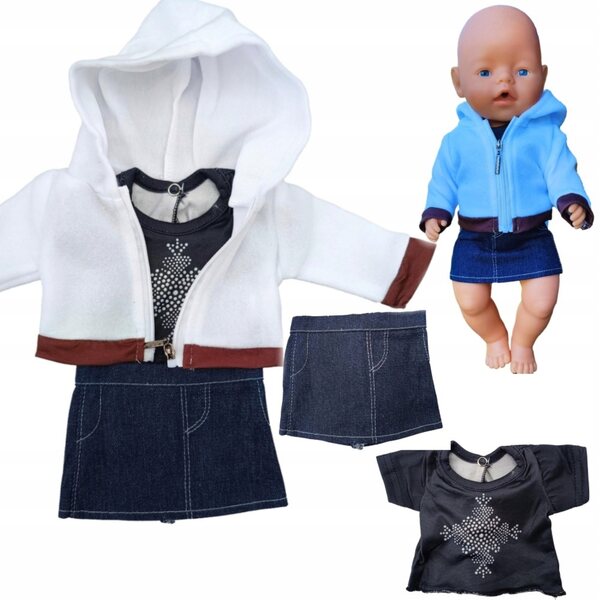 Elegante completo per bambola: felpa con zip, gonna jeans e blusa con bottoni