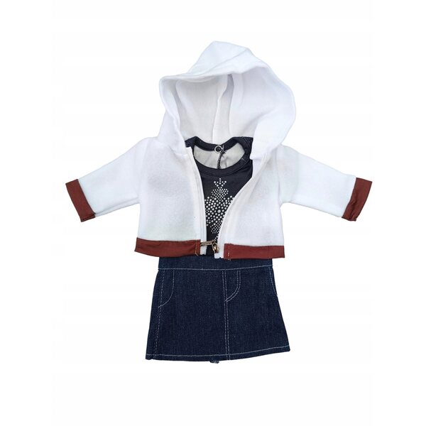 Elegante completo per bambola: felpa con zip, gonna jeans e blusa con bottoni