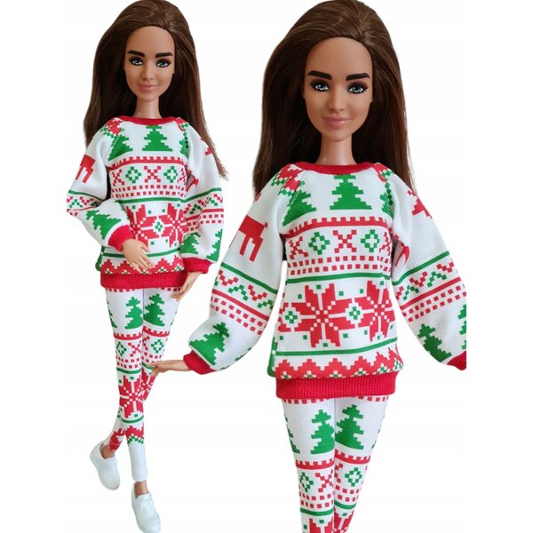 Puppenkleidungsset mit rotem und grünem Sweatshirt und Leggings mit skandinavischem Motiv