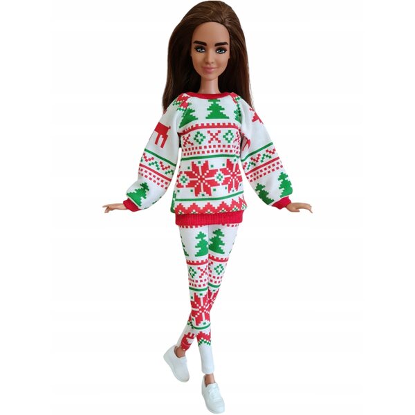 Puppenkleidungsset mit rotem und grünem Sweatshirt und Leggings mit skandinavischem Motiv