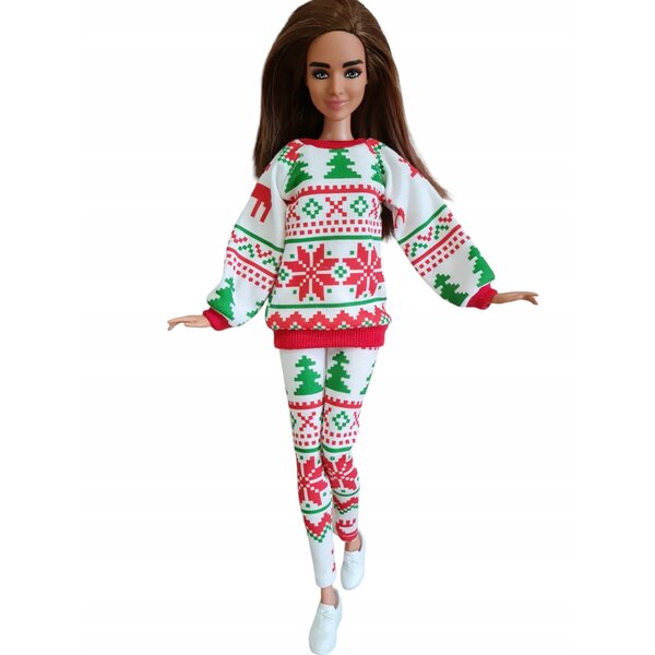 Puppenkleidungsset mit rotem und grünem Sweatshirt und Leggings mit skandinavischem Motiv