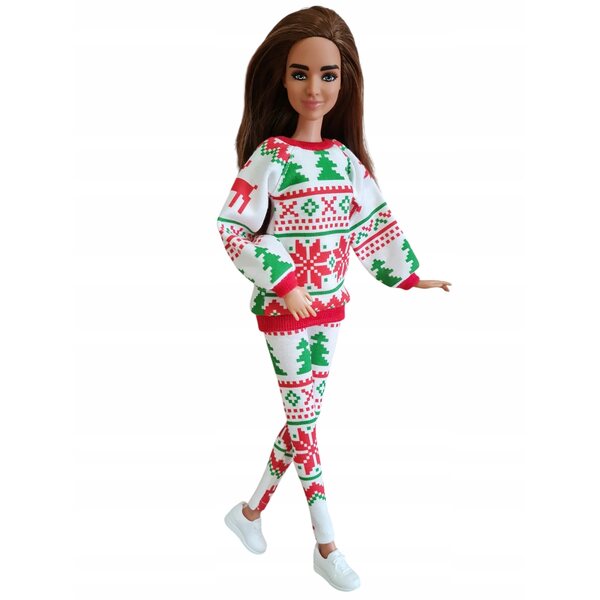 Puppenkleidungsset mit rotem und grünem Sweatshirt und Leggings mit skandinavischem Motiv