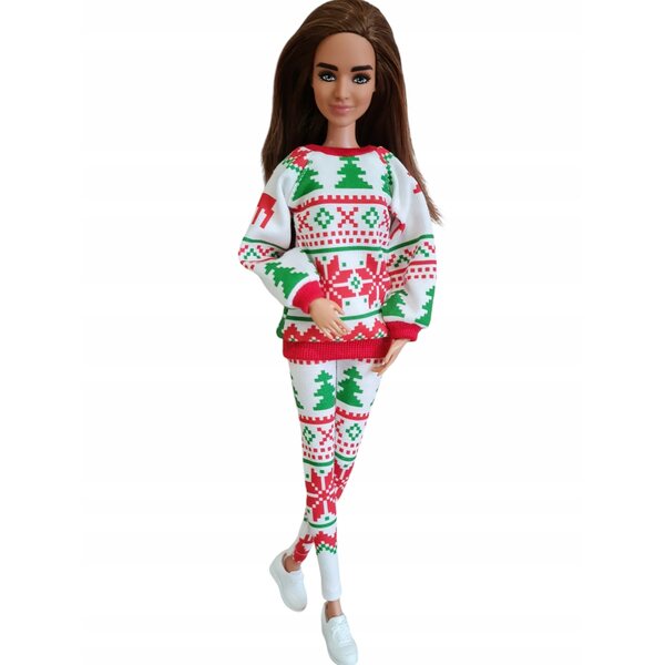 Puppenkleidungsset mit rotem und grünem Sweatshirt und Leggings mit skandinavischem Motiv