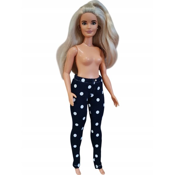 Pantaloni per bambole XXL in tessuto blu a pois con perla decorativa