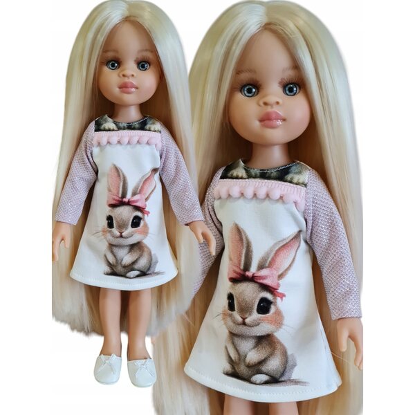 Paola Reina 32cm Puppenkleid mit Hase und Glitzer, rosa