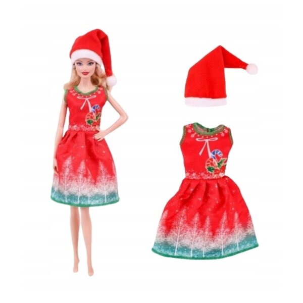 Completo Natalizio per Bambole con Vestito e Cappello di Babbo Natale