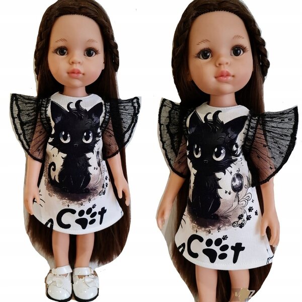 Kleid für Paola Reina 32 cm Puppe mit schwarzem Katzenprint und Tülldetails