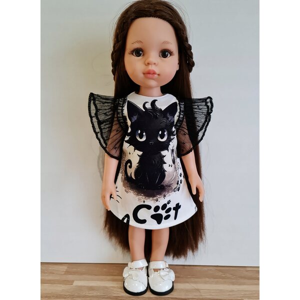 Kleid für Paola Reina 32 cm Puppe mit schwarzem Katzenprint und Tülldetails