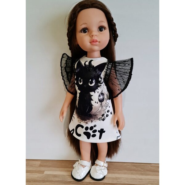 Kleid für Paola Reina 32 cm Puppe mit schwarzem Katzenprint und Tülldetails