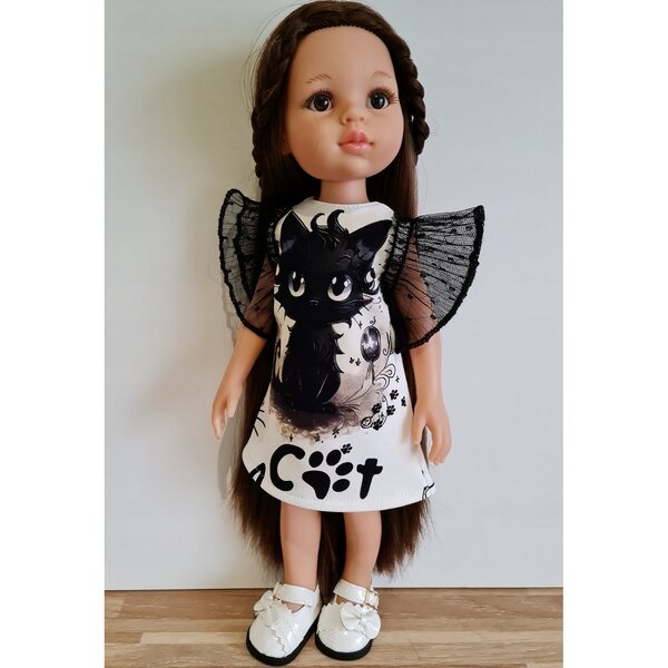 Kleid für Paola Reina 32 cm Puppe mit schwarzem Katzenprint und Tülldetails