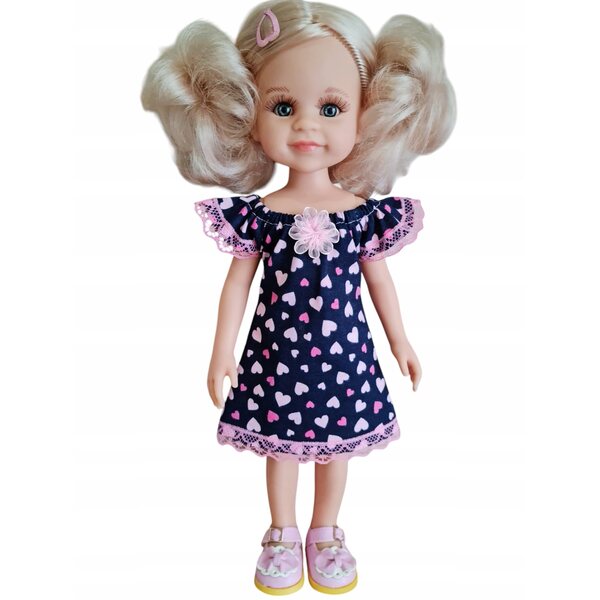 Kleid für Paola Reina 32 cm Puppe mit marineblauen Herzen und Spitzenverzierungen
