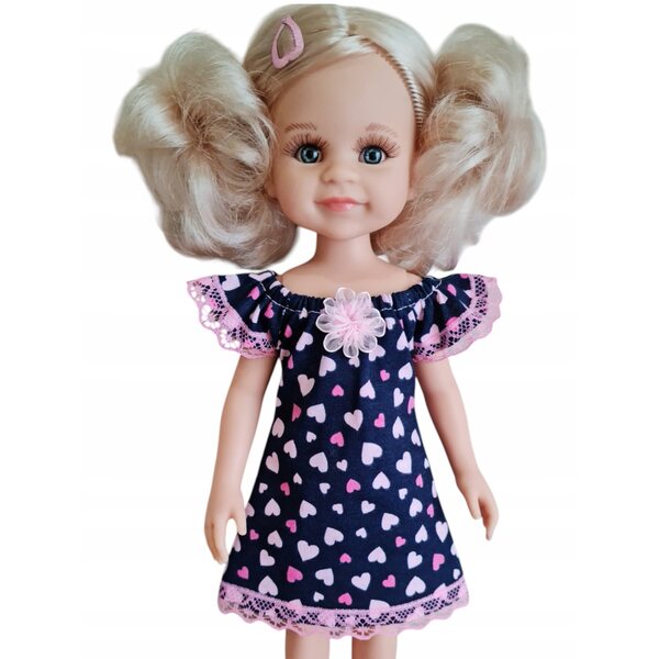 Kleid für Paola Reina 32 cm Puppe mit marineblauen Herzen und Spitzenverzierungen