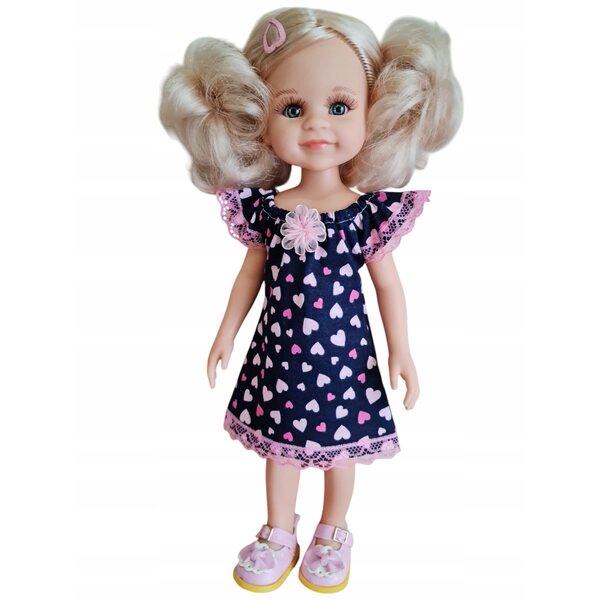 Kleid für Paola Reina 32 cm Puppe mit marineblauen Herzen und Spitzenverzierungen
