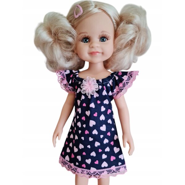 Kleid für Paola Reina 32 cm Puppe mit marineblauen Herzen und Spitzenverzierungen